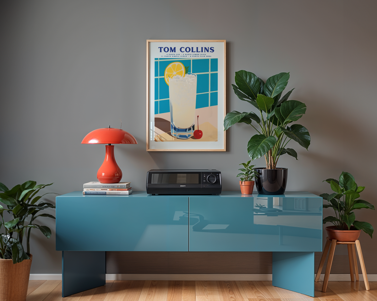Väggmockup av Tom Collins Cocktail affisch på ljus vägg – Bozetto konsttryck – nr 3