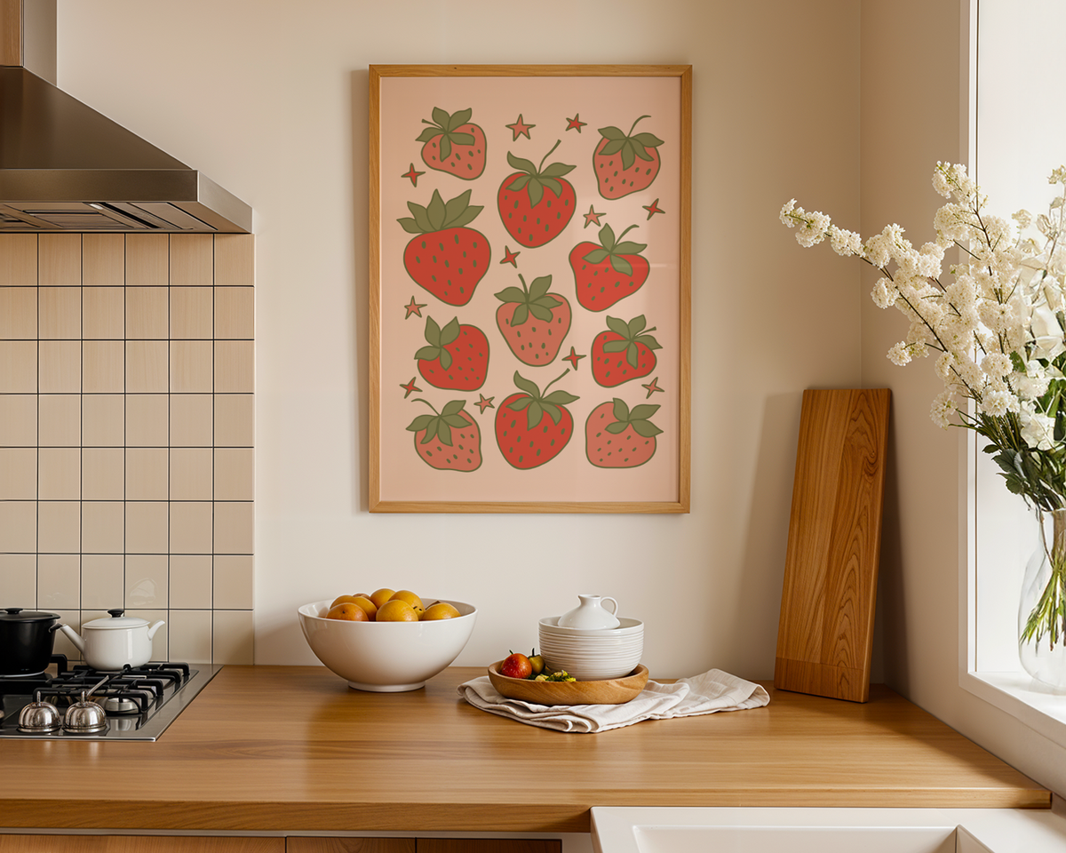 Mockup av Cute Strawberries affisch på vägg – köp enkelt hos Bozetto i hög kvalitet
