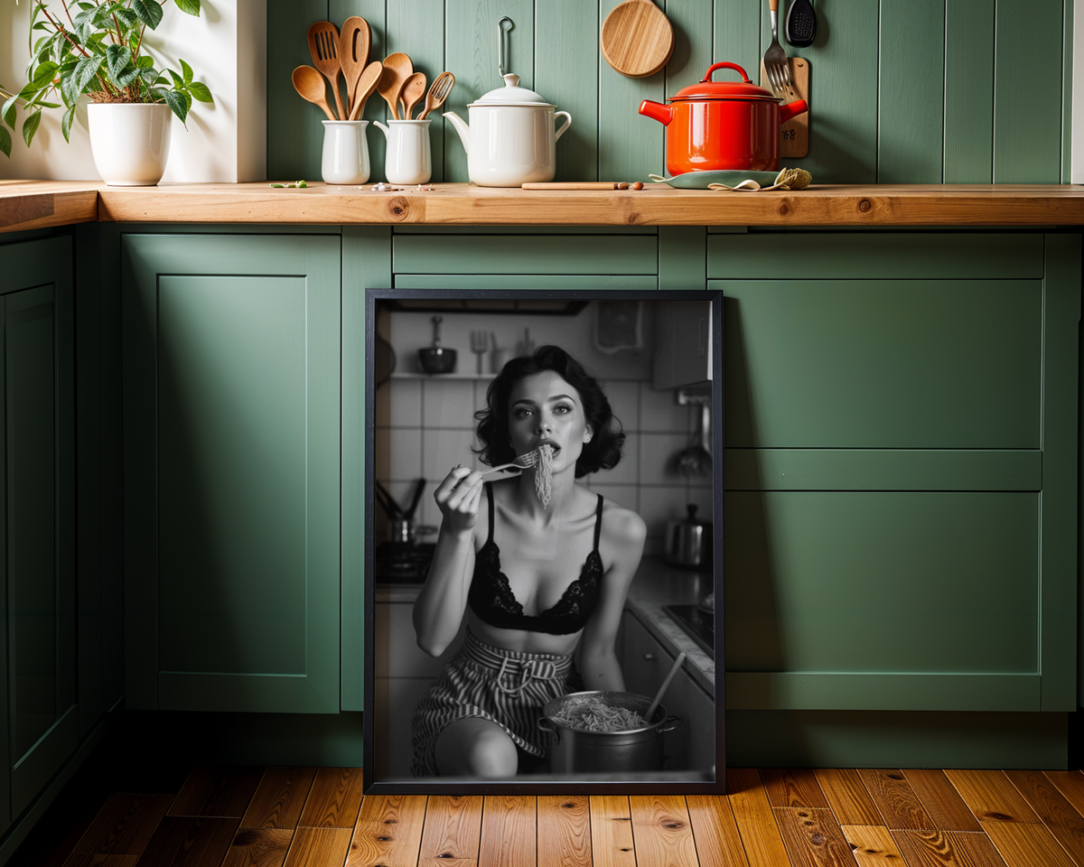 Mockup av Spaghetti Vintage affisch på vägg – köp enkelt hos Bozetto i hög kvalitet