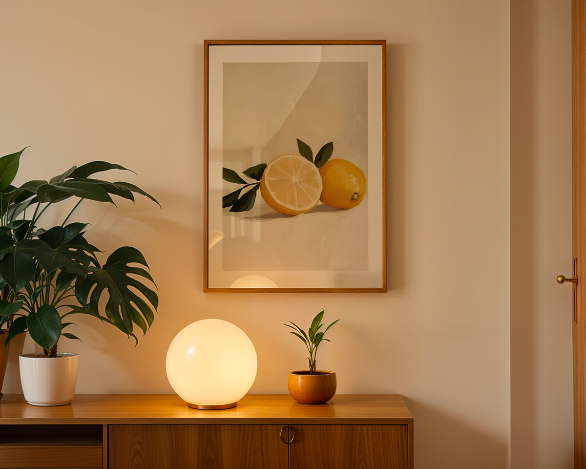 Väggmockup av Minimal Lemon affisch på ljus tegelvägg – Bozetto konsttryck i hög tryckkvalitet