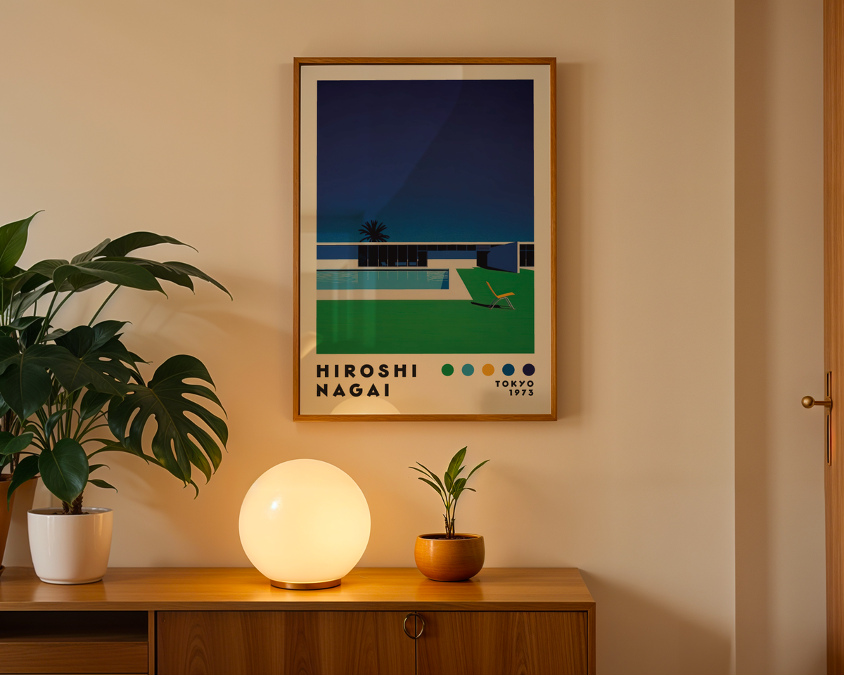 Hiroshi Nagai Minimalist poster visualiserad på vägg – från Bozetto i hög kvalitet