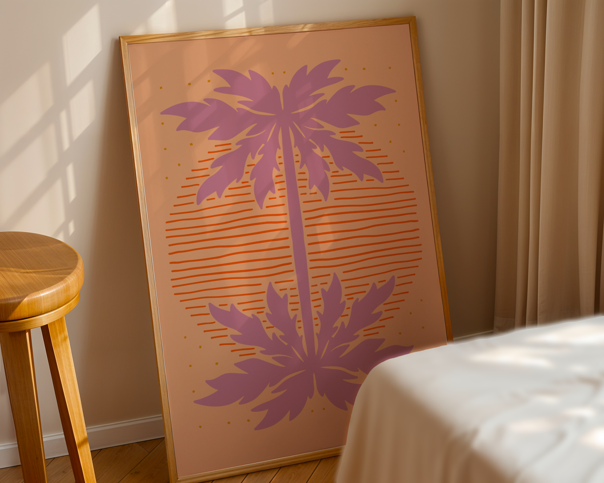 Mockup av Mirrored Palms affisch på vägg – köp enkelt hos Bozetto i hög kvalitet