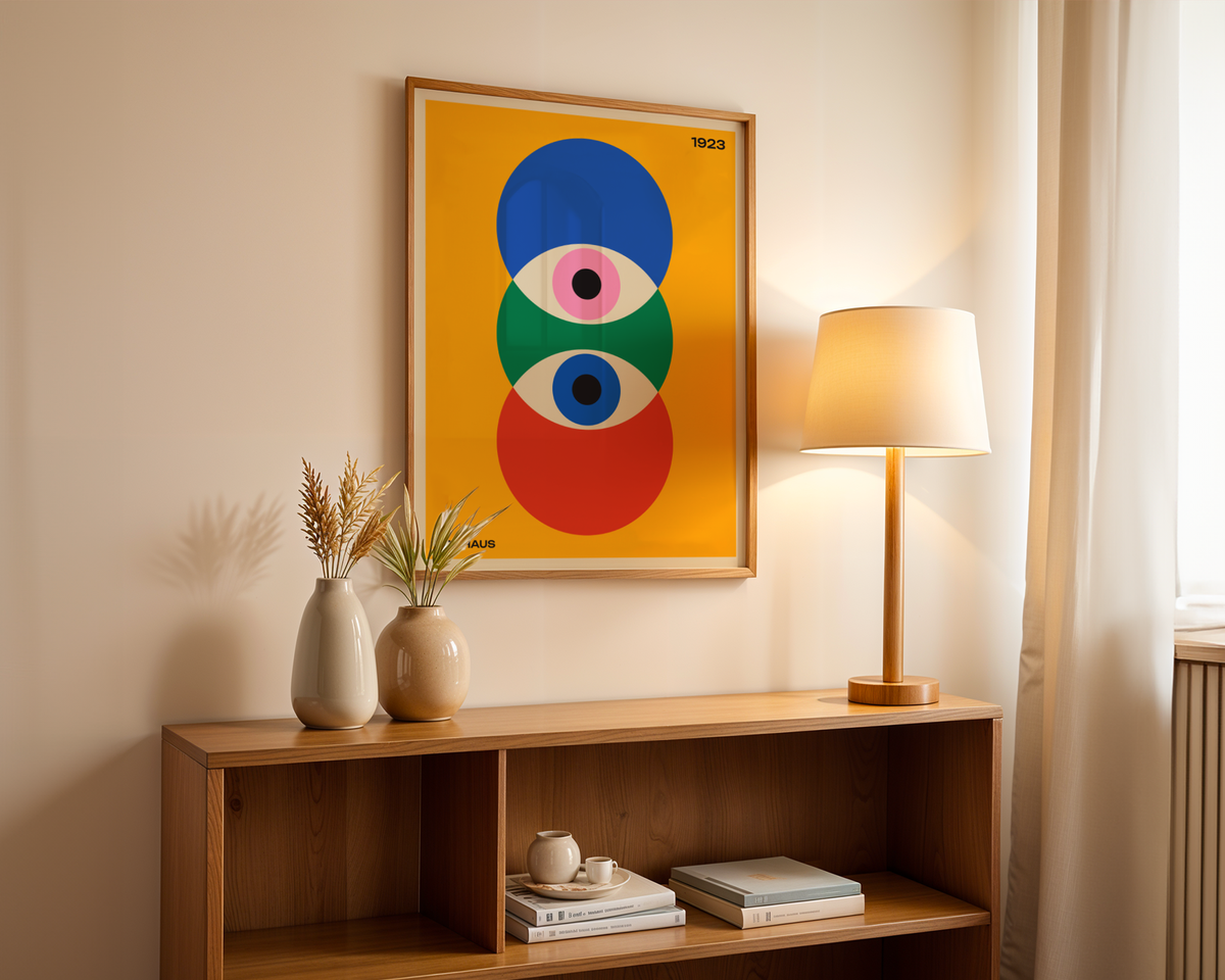Mockup av Bauhaus Trinity affisch på vägg – köp enkelt hos Bozetto i hög kvalitet
