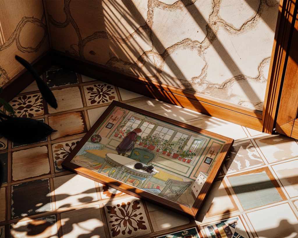 Väggmockup av Carl Larsson Blomsterfönstret affisch på ljus vägg – Bozetto konsttryck