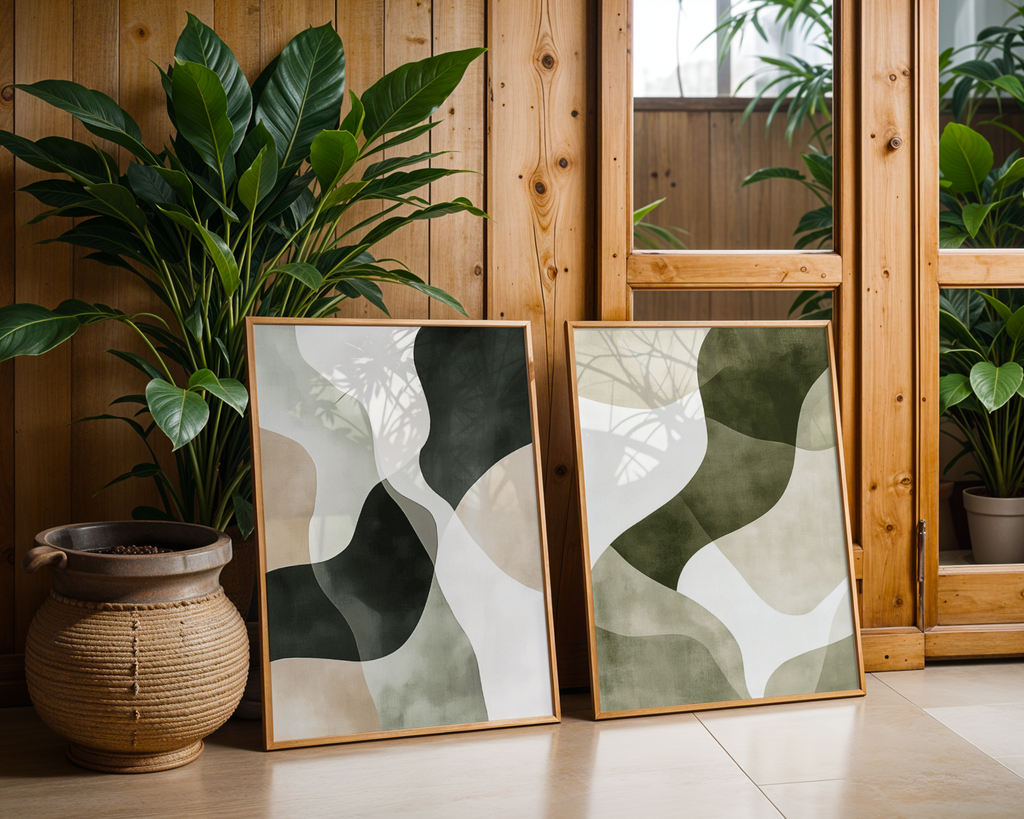 Mockup av Abstract Green Shapes No.1 affisch på vägg – köp enkelt hos Bozetto i hög kvalitet