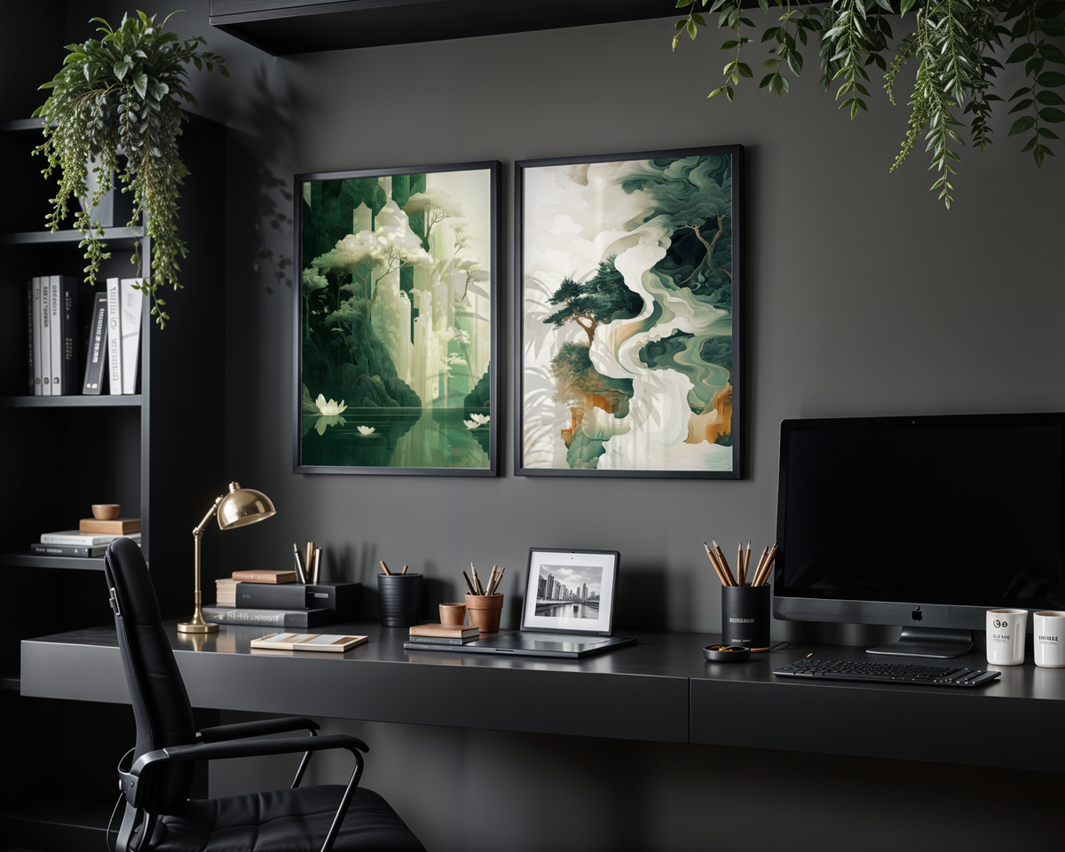 Bundle 2-pack Forest Serenity visualiserad i interiör – postercollection hos Bozetto