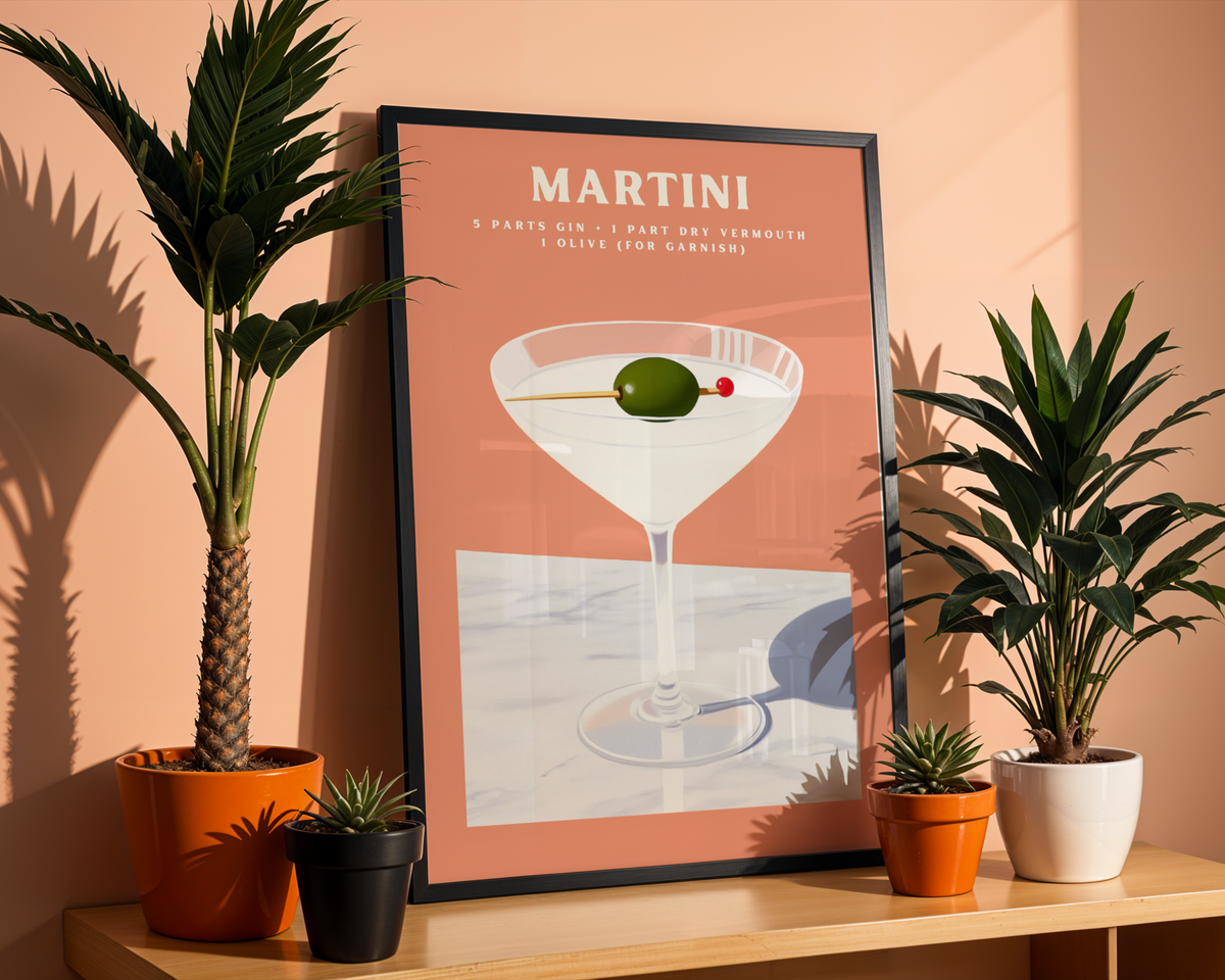 Martini Drink poster visualiserad på vägg – se rätt storlek med mockup från Bozetto