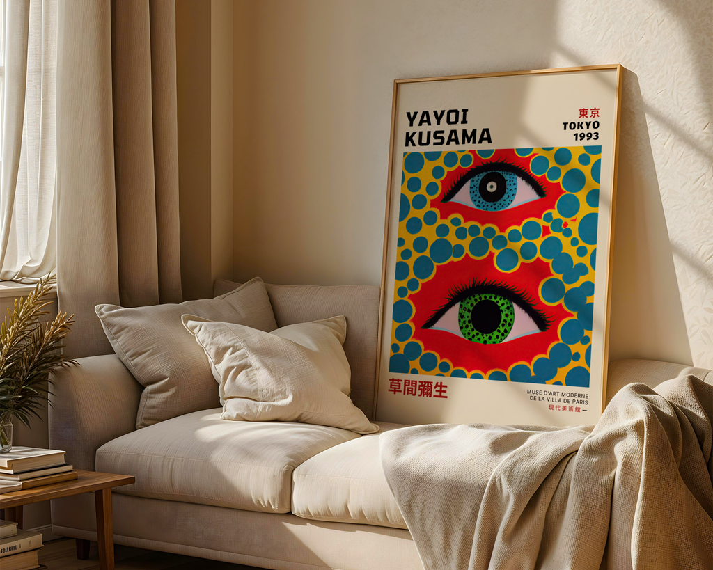 Mockup av Yayoi Kusama Eye affisch på vägg – köp enkelt hos Bozetto i hög kvalitet