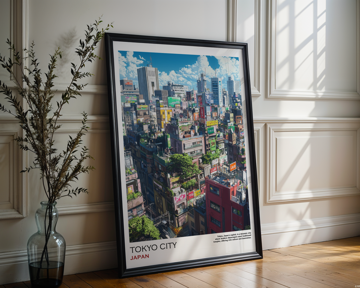 Mockup av Tokyo City Japan affisch på vägg – köp enkelt hos Bozetto i hög kvalitet