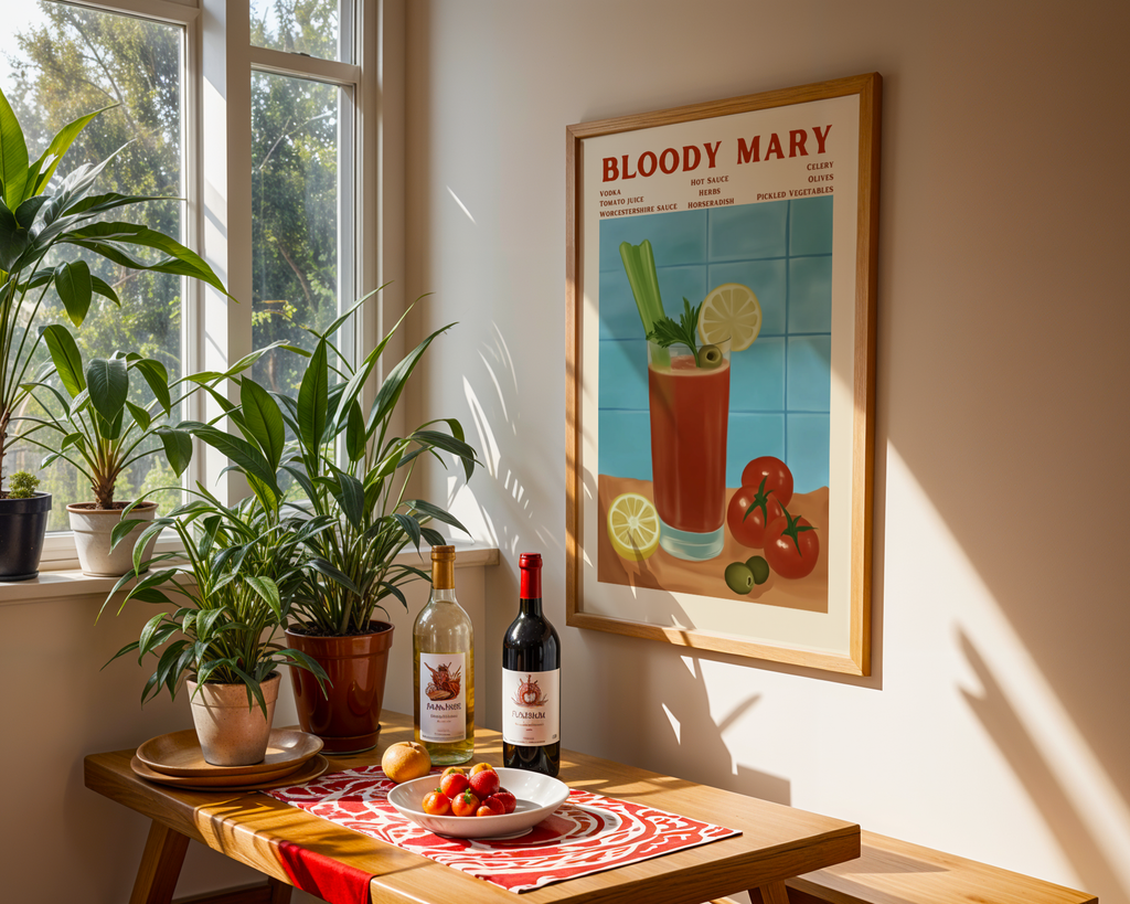 Mockup av Bloody Mary Cocktail affisch på vägg – köp enkelt hos Bozetto i hög kvalitet
