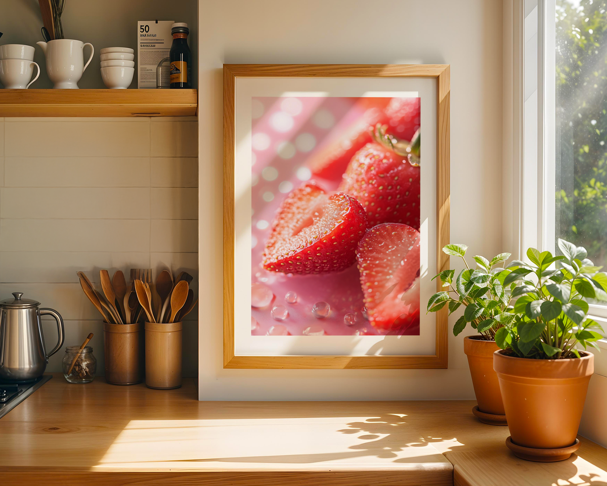 Mockup av Wet Strawberries affisch på vägg – köp enkelt hos Bozetto i hög kvalitet