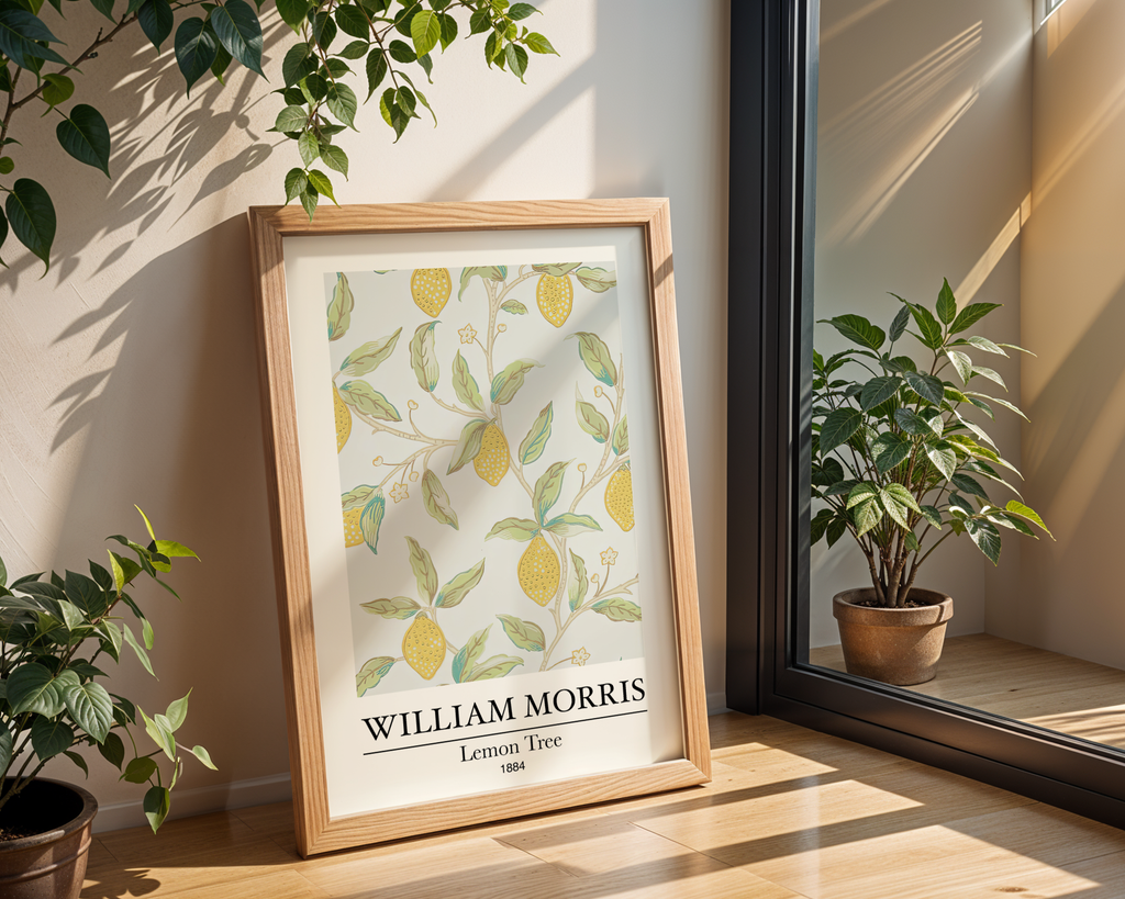 Mockup av William Morris Lemon Tree affisch på vägg – köp enkelt hos Bozetto i hög kvalitet