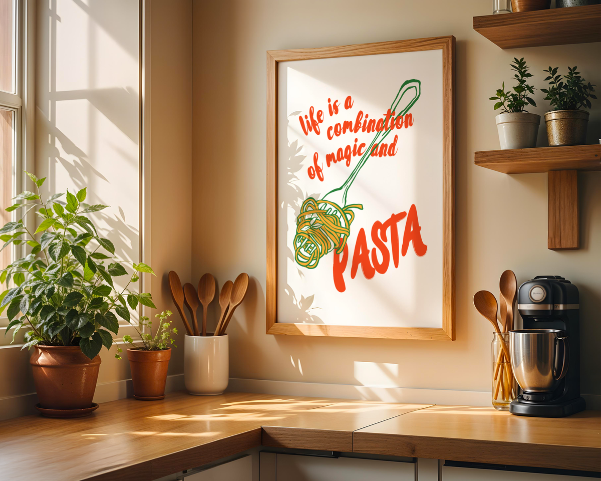 Mockup av Life Is Magic And Pasta affisch på vägg – köp enkelt hos Bozetto i hög kvalitet