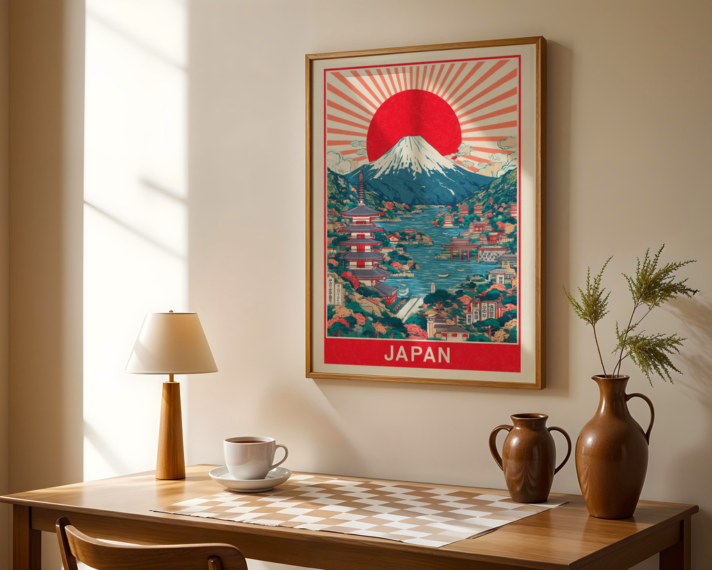Mockup av Japanese Red Sun affisch på vägg – köp enkelt hos Bozetto i hög kvalitet