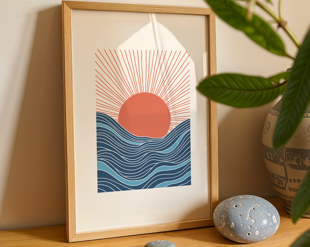 Mockup av Sunset Over Waves affisch på vägg – köp enkelt hos Bozetto i hög kvalitet