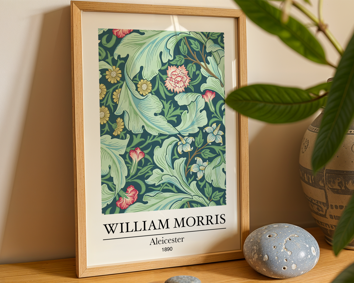 Mockup av William Morris Aleicester affisch på vägg – köp enkelt hos Bozetto i hög kvalitet