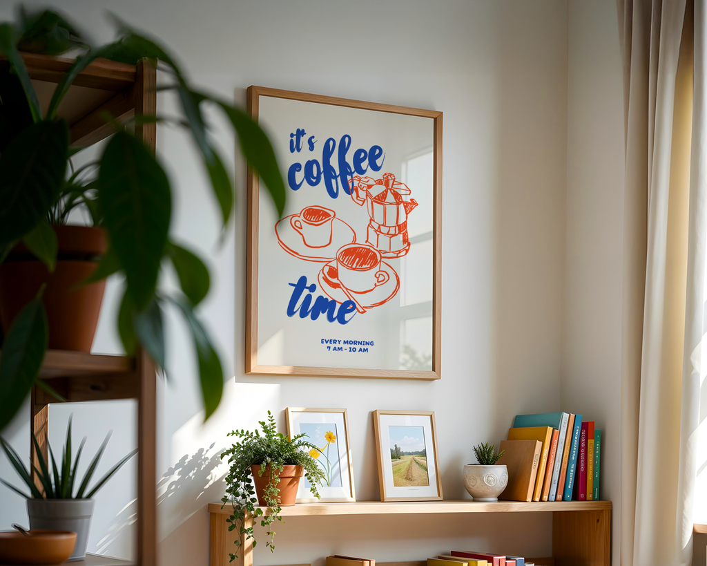 Mockup av Coffee Every Morning affisch på vägg – köp enkelt hos Bozetto i hög kvalitet