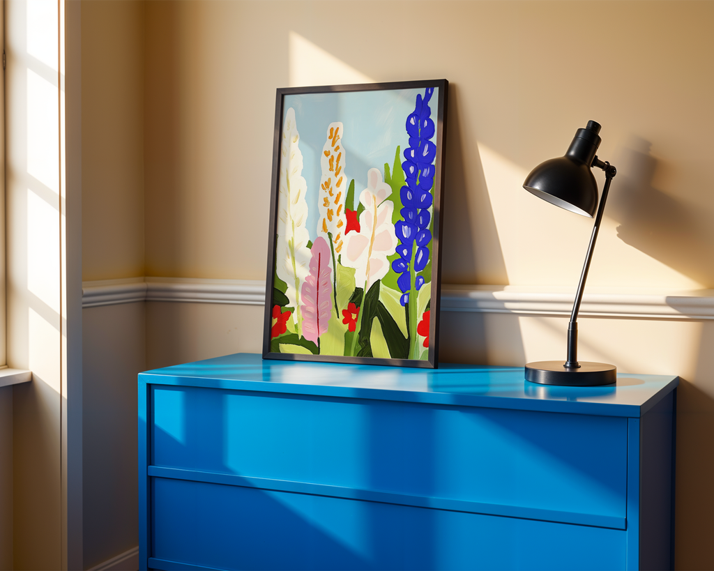 Mockup av Floral abstract vibrant affisch på vägg – köp enkelt hos Bozetto i hög kvalitet