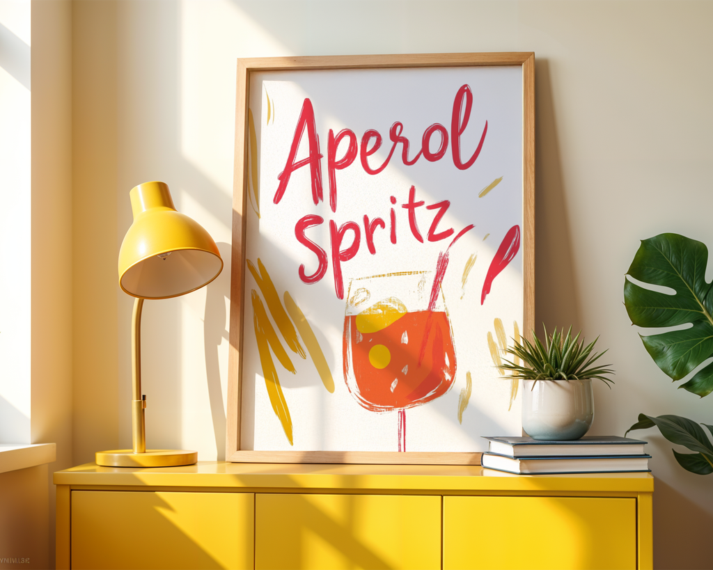 Retro Aperol poster visualiserad på vägg – se rätt storlek med mockup från Bozetto