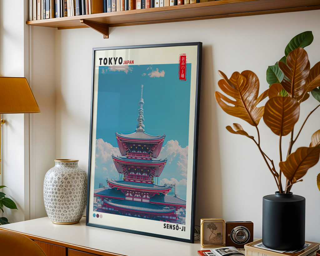 Mockup av Sky Above Sensō-ji affisch på vägg – köp enkelt hos Bozetto i hög kvalitet