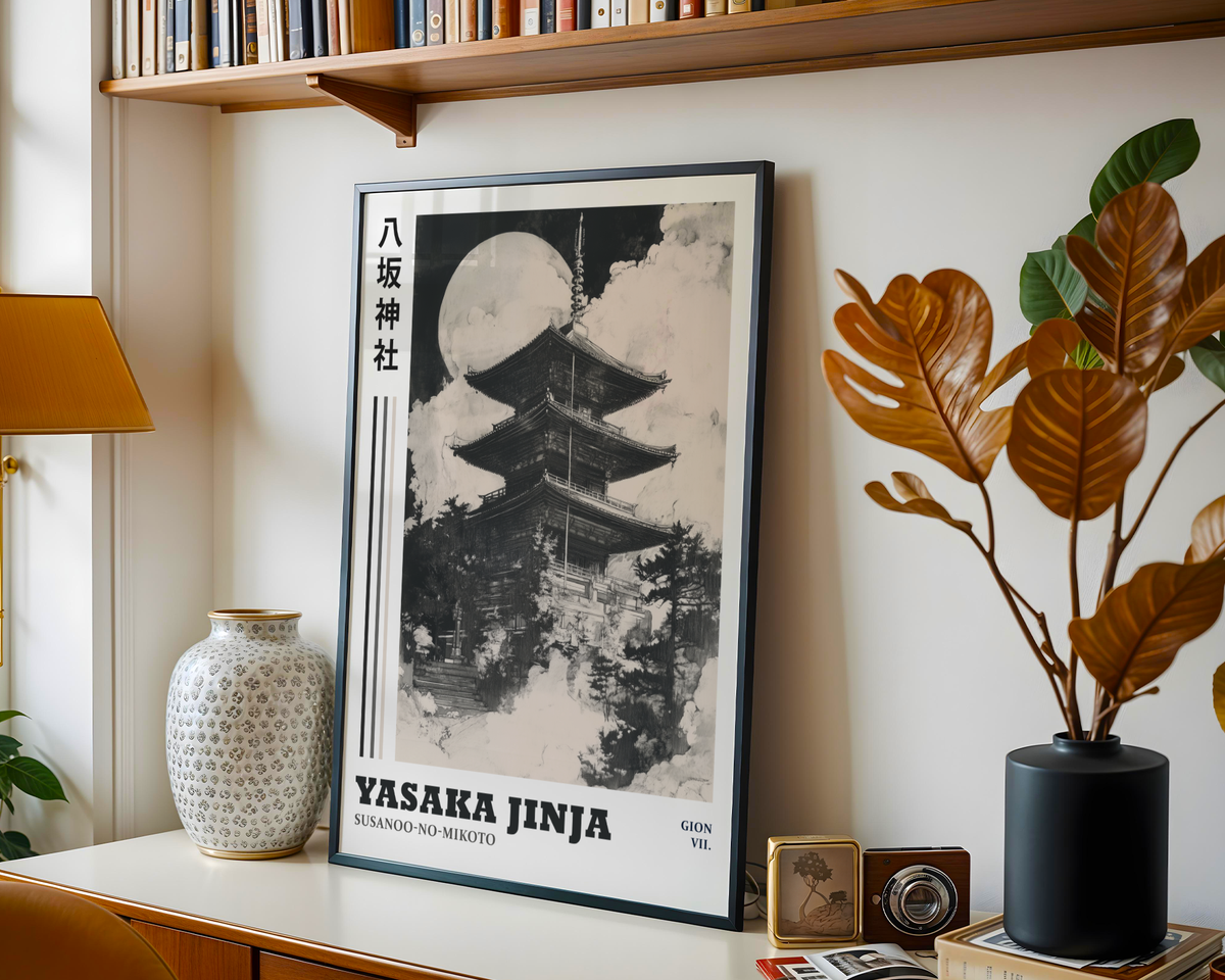 Väggmockup av Yasaka Jinja affisch på ljus tegelvägg – Bozetto konsttryck i hög tryckkvalitet