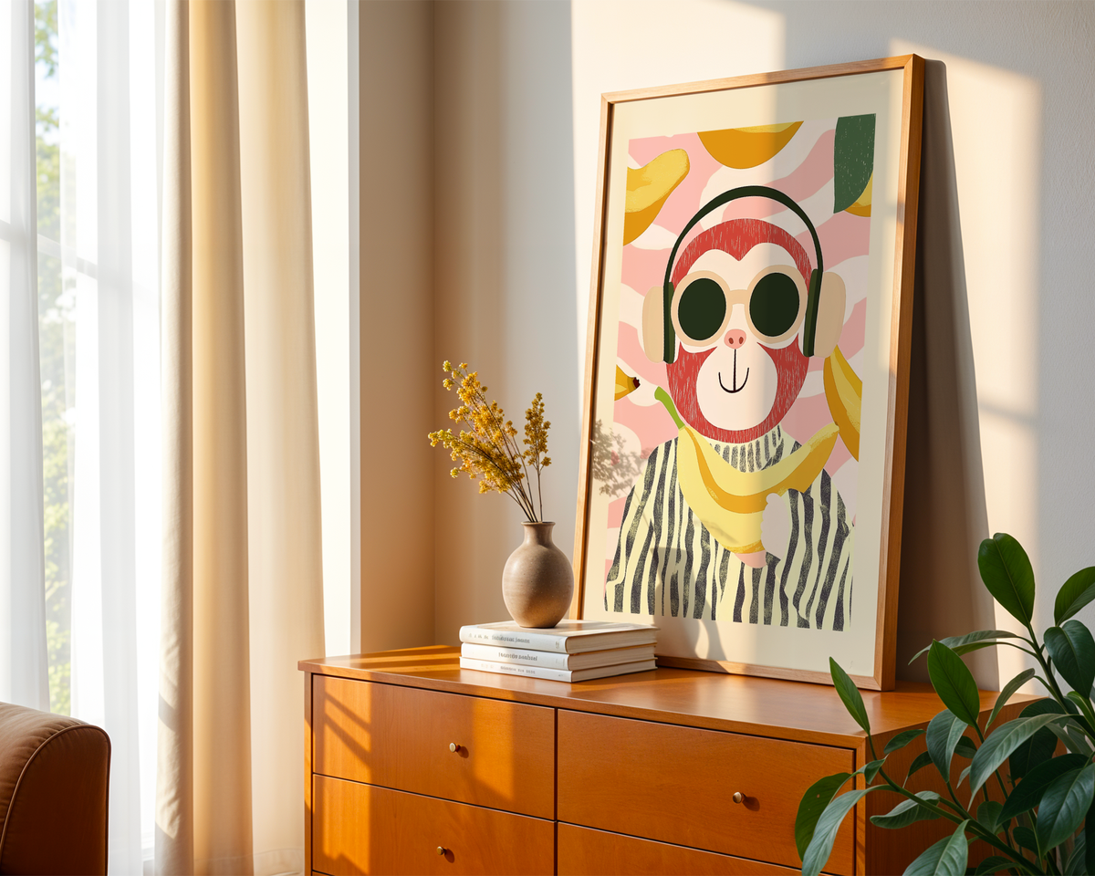 Banana Life poster visualiserad på vägg – se rätt storlek med mockup från Bozetto