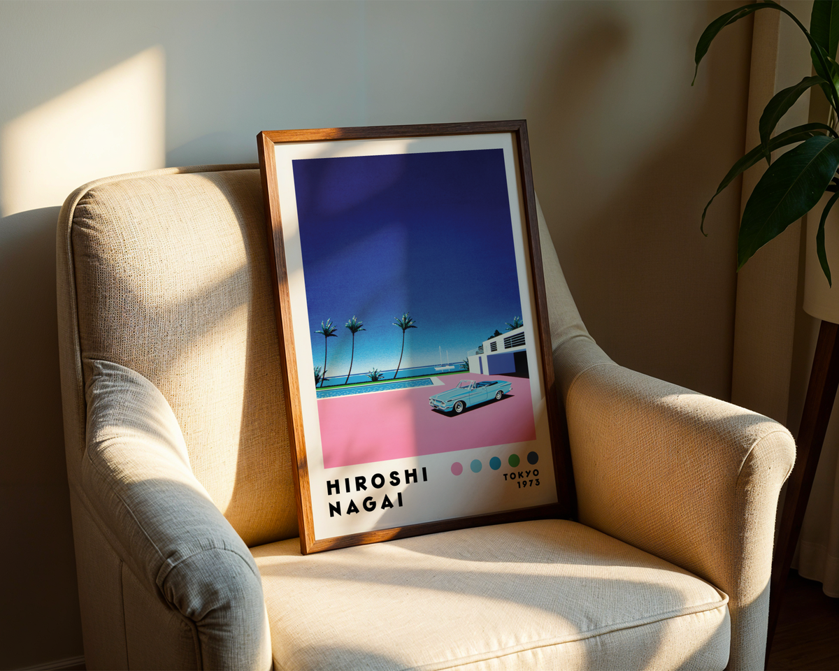 Hiroshi Nagai Pink Sunset poster visualiserad på vägg – från Bozetto i hög kvalitet