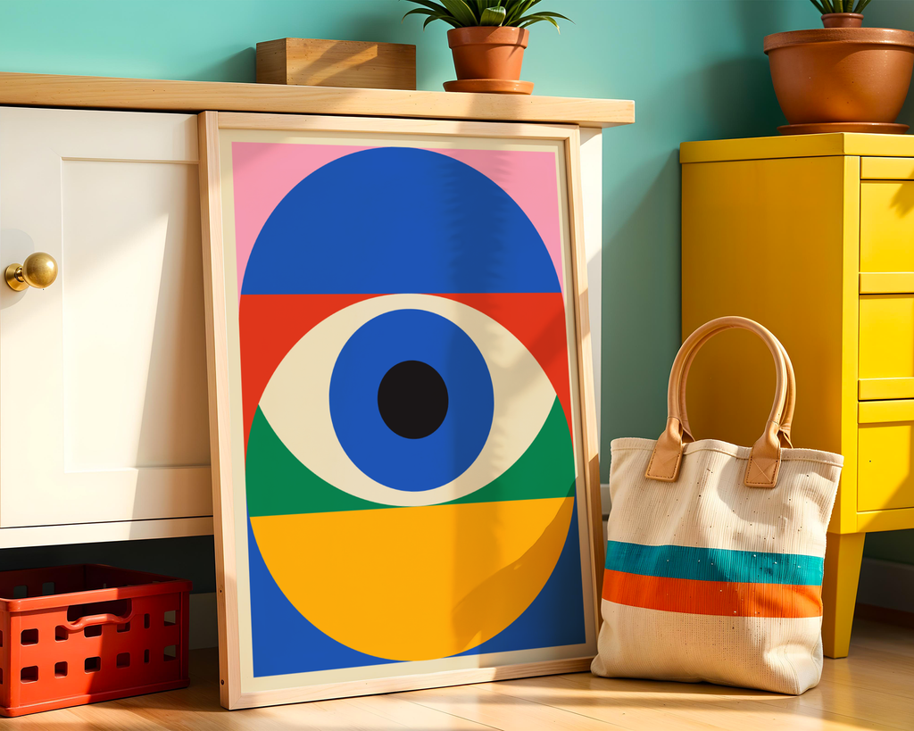 Väggmockup av Bauhaus Eye affisch på ljus tegelvägg – Bozetto konsttryck i hög tryckkvalitet
