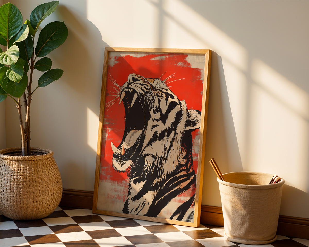 Mockup av Red and Black Tiger affisch på vägg – köp enkelt hos Bozetto i hög kvalitet