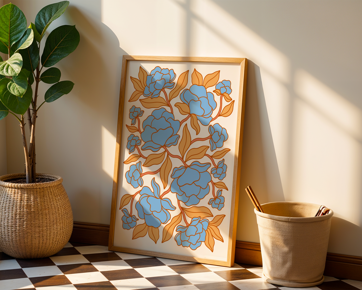 Väggmockup av Blue Blossoms affisch på ljus tegelvägg – Bozetto konsttryck i hög tryckkvalitet