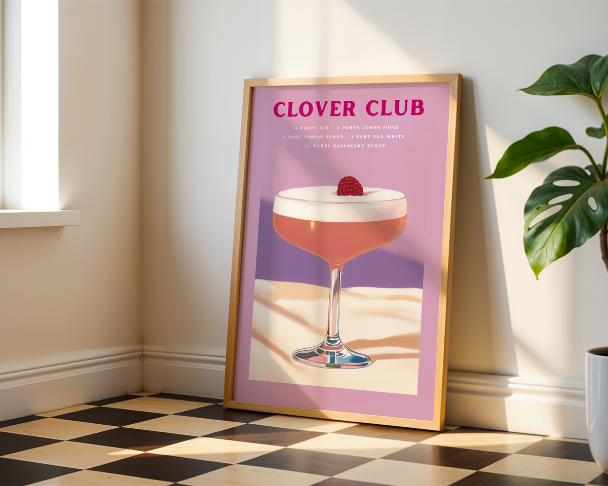 Mockup av Clover Club Drink affisch på vägg – köp enkelt hos Bozetto i hög kvalitet