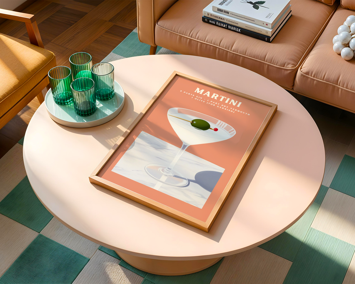 Väggmockup av Martini Drink affisch på ljus tegelvägg – Bozetto konsttryck i hög tryckkvalitet