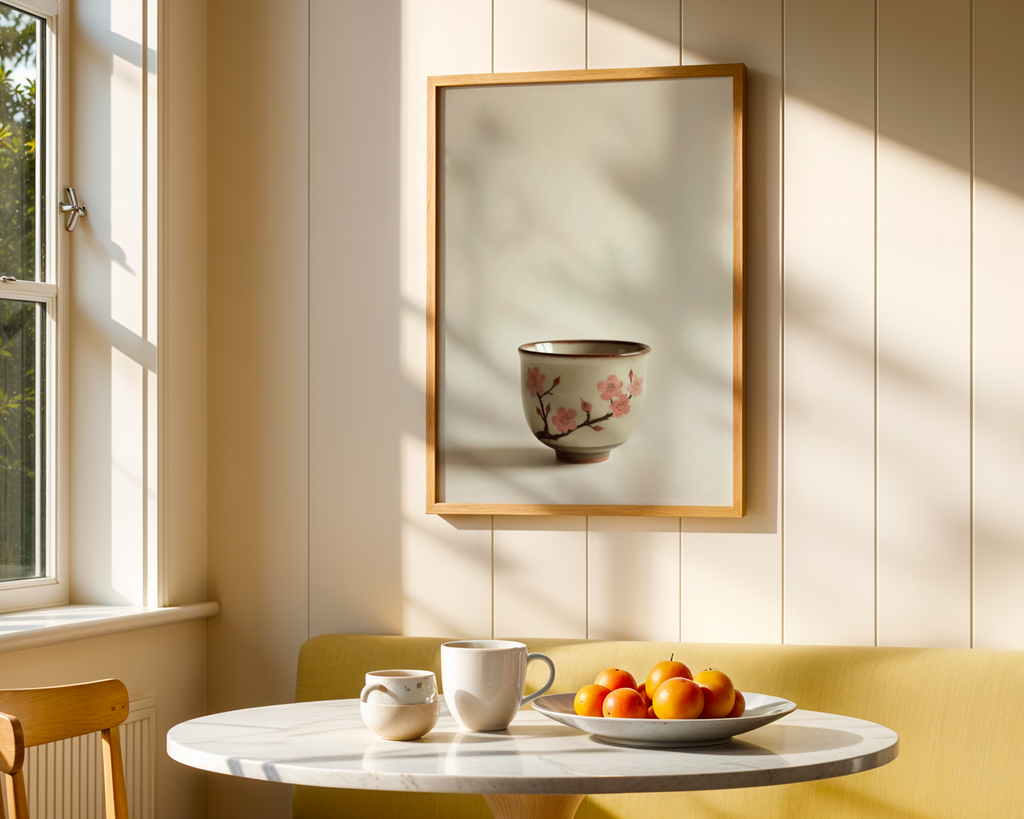 Mockup av Cherry Blossom Ceramic Cup affisch på vägg – köp enkelt hos Bozetto i hög kvalitet