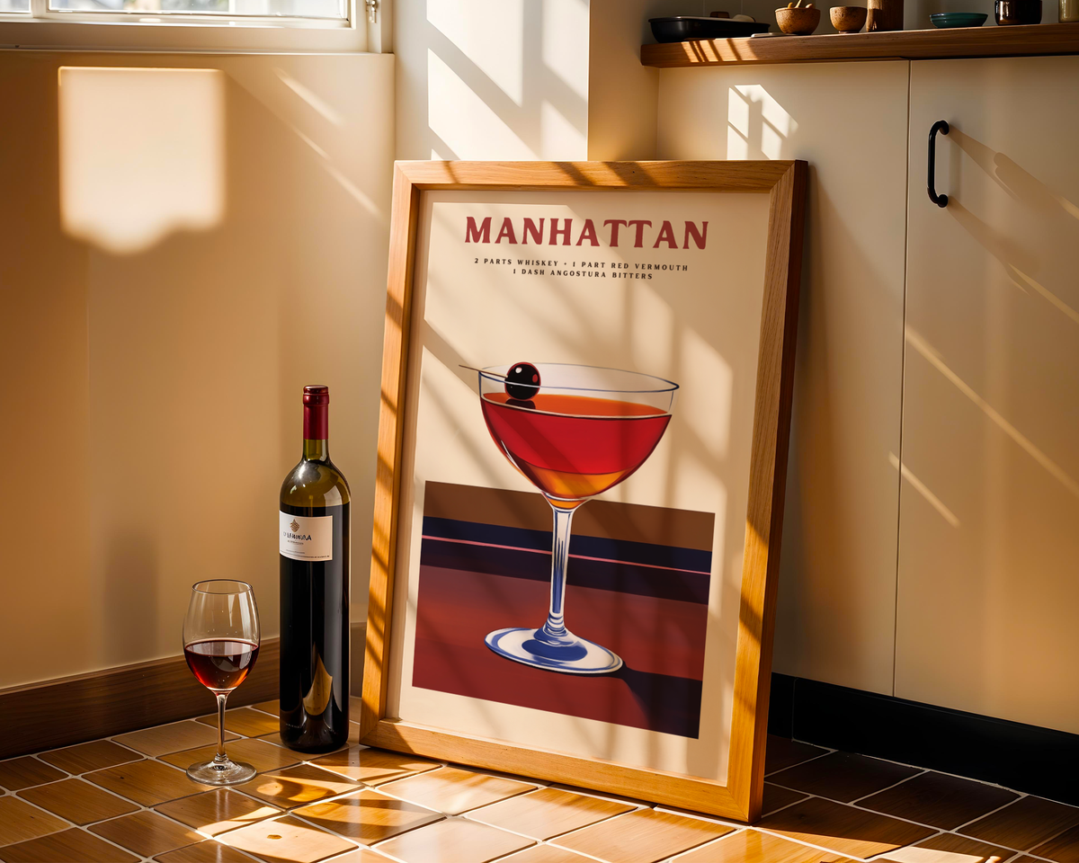 Väggmockup av Manhattan No.2 Drink affisch på ljus vägg – Bozetto konsttryck – nr 3