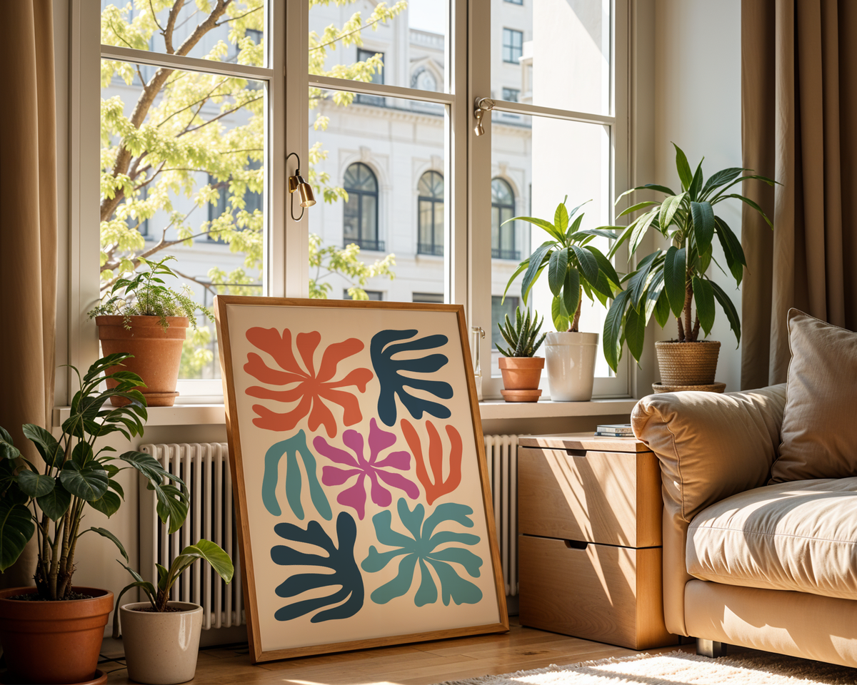 Mockup av Abstract Coral Garden affisch på vägg – köp enkelt hos Bozetto i hög kvalitet