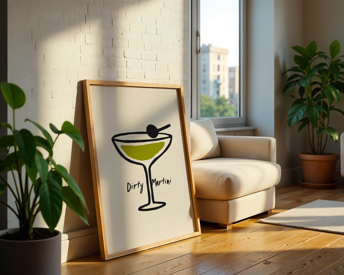 Mockup av The Dirty Pour affisch på vägg – köp enkelt hos Bozetto i hög kvalitet