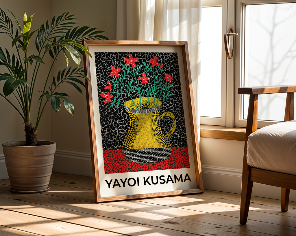 Mockup av Yayoi Kusama Petal Rhythm affisch på vägg – köp enkelt hos Bozetto i hög kvalitet
