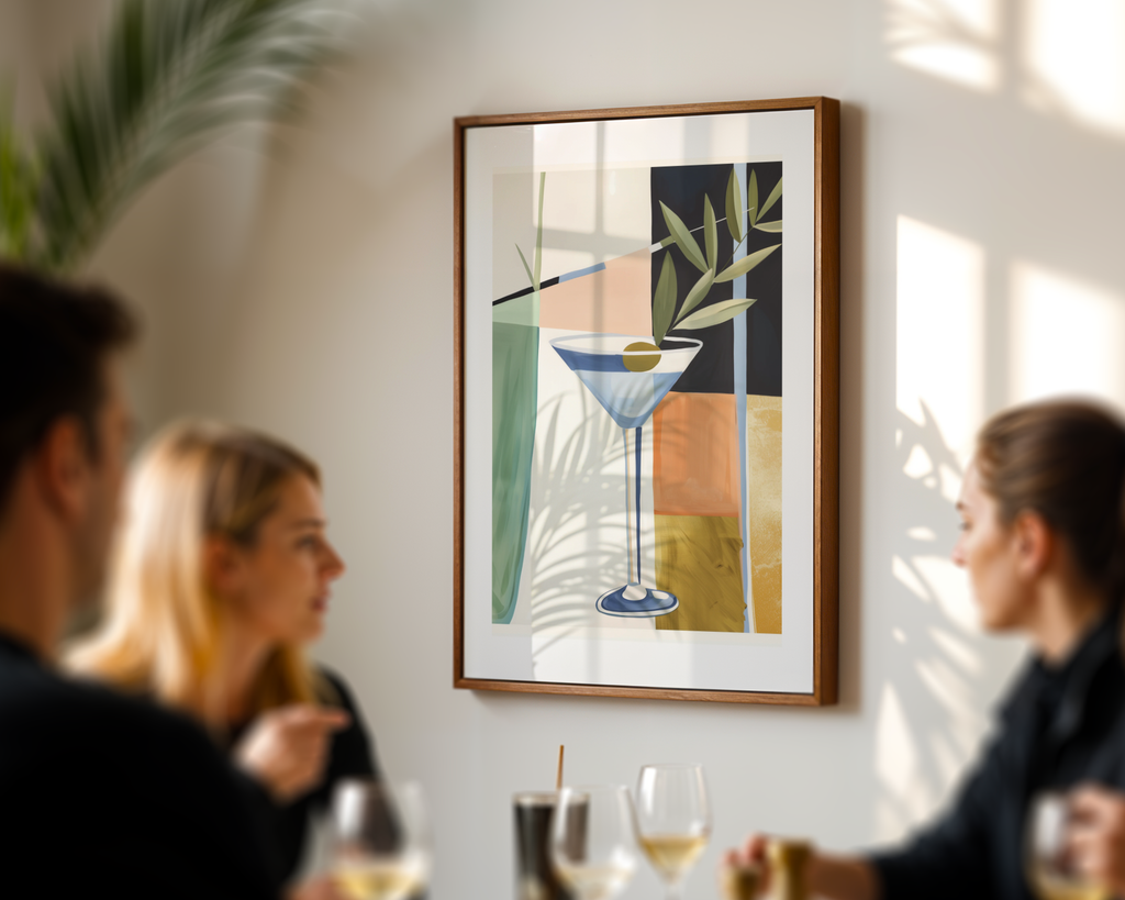 Mockup av Martini Elegance affisch på vägg – köp enkelt hos Bozetto i hög kvalitet