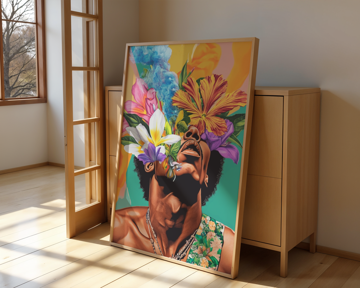 Väggmockup av Blooming Hendrix affisch på ljus tegelvägg – Bozetto konsttryck i hög tryckkvalitet