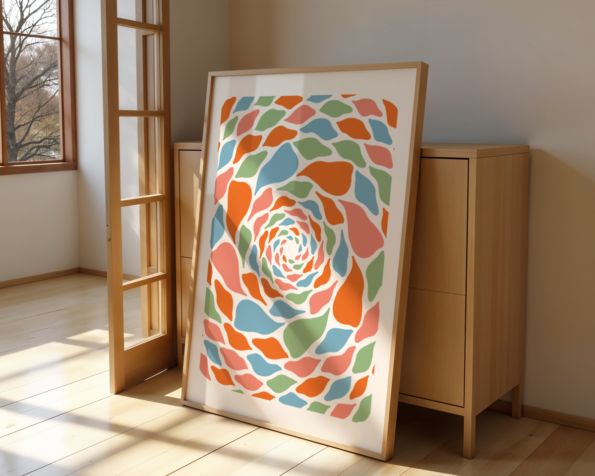 Väggmockup av Mosaic Swirl affisch på ljus tegelvägg – Bozetto konsttryck i hög tryckkvalitet