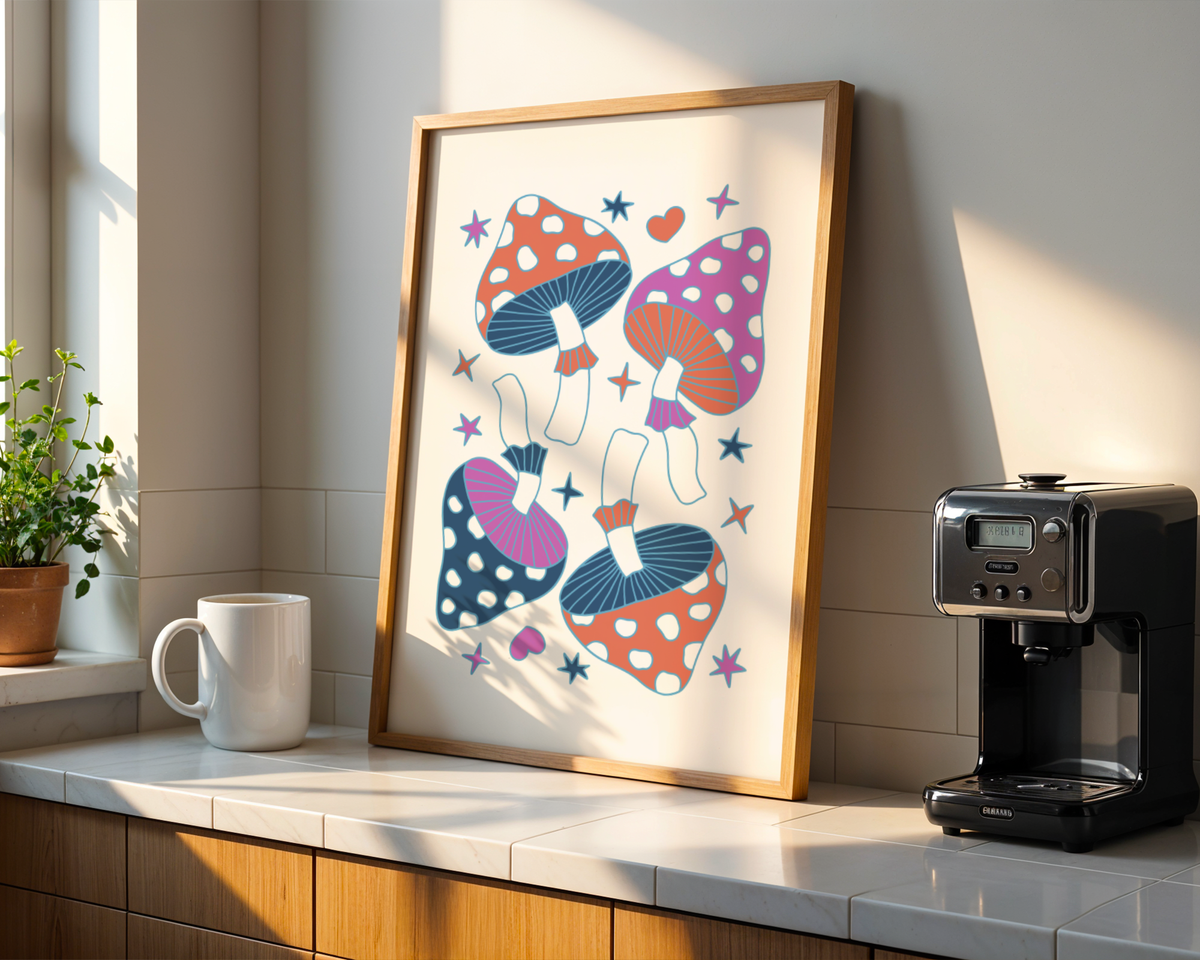 Mockup av Purple Mushroom Harmony affisch på vägg – köp enkelt hos Bozetto i hög kvalitet