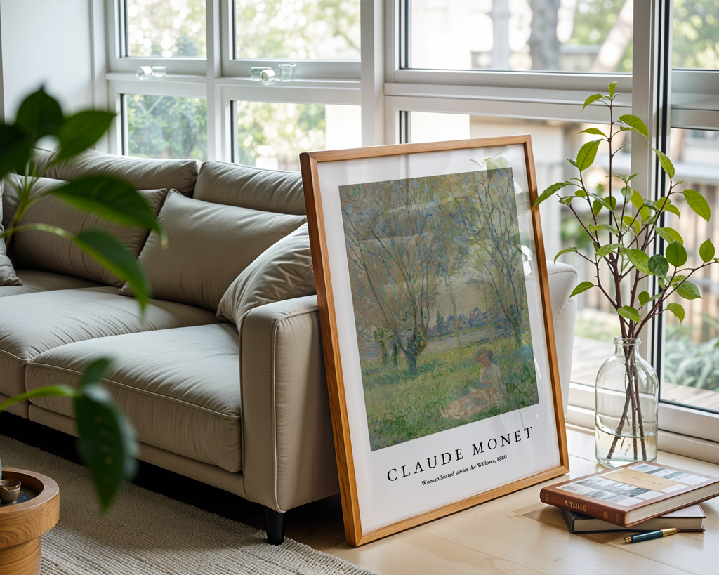 Mockup av Claude Monet Seated Woman affisch på vägg – köp enkelt hos Bozetto i hög kvalitet