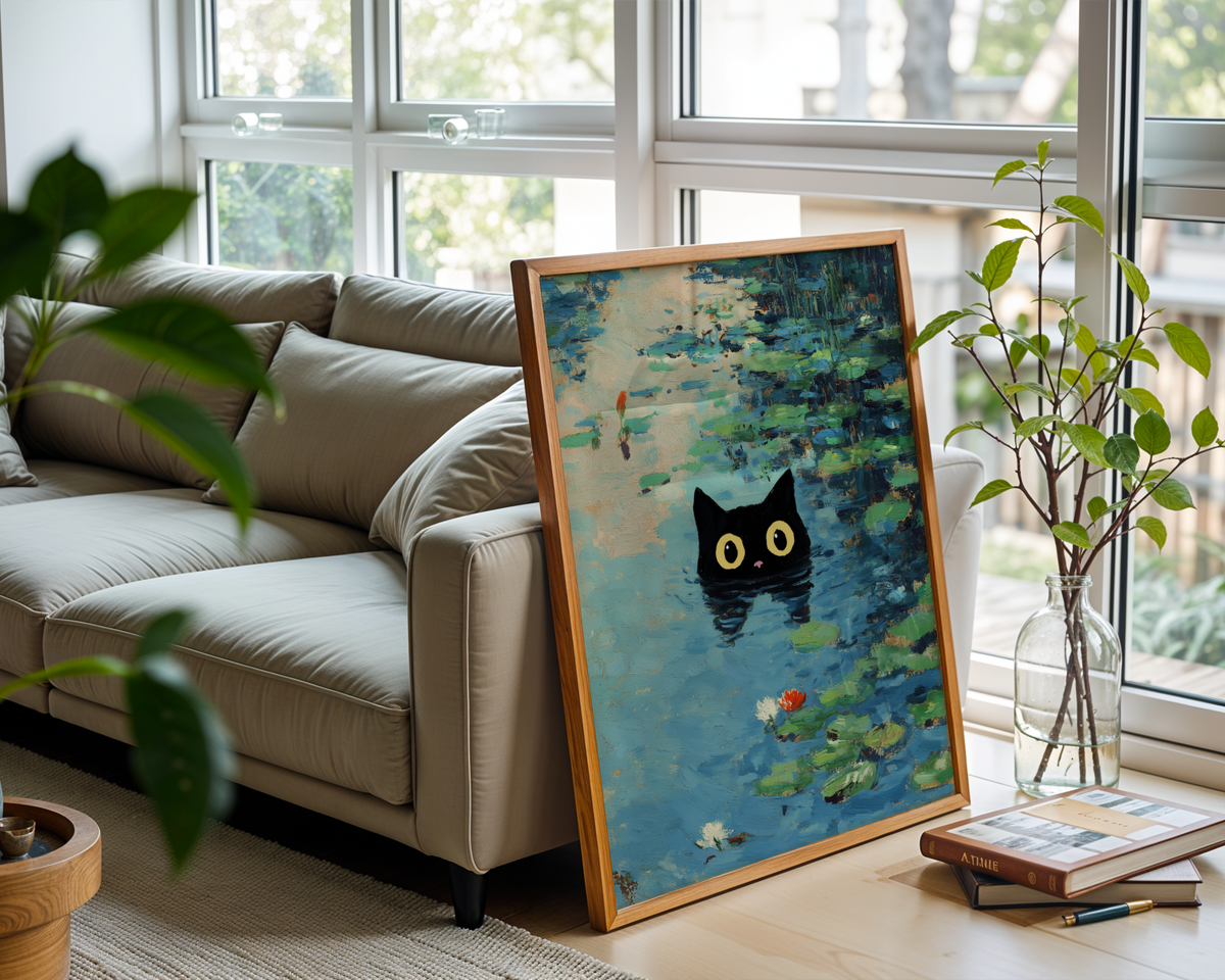 Waterlily Cat poster visualiserad på vägg – se rätt storlek med mockup från Bozetto