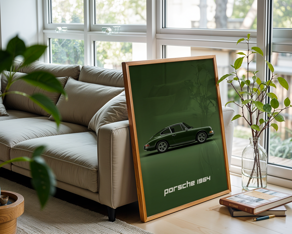 Väggmockup av Retro Porsche affisch på ljus tegelvägg – Bozetto konsttryck i hög tryckkvalitet