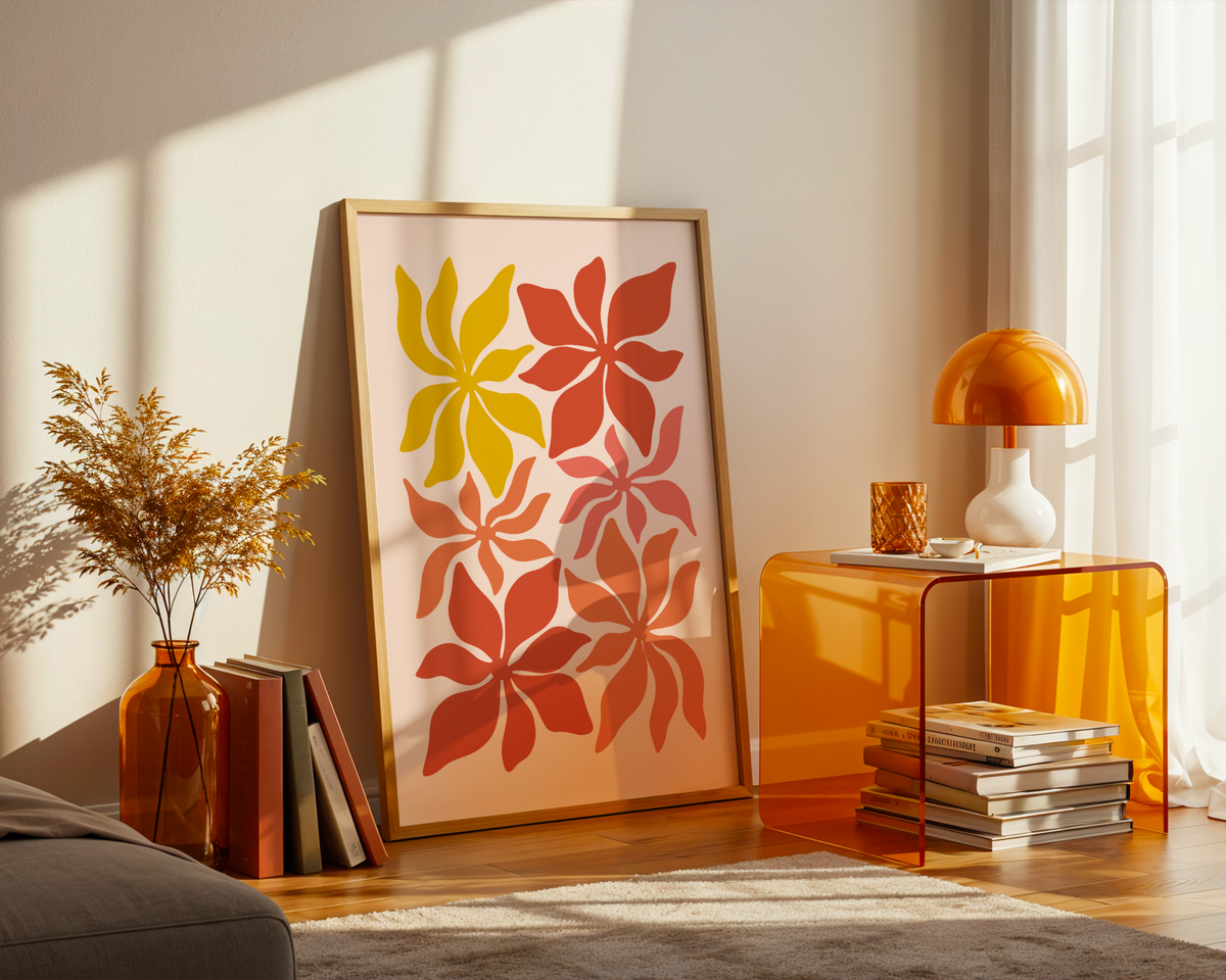 Väggmockup av Sunset Petals affisch på ljus tegelvägg – Bozetto konsttryck i hög tryckkvalitet