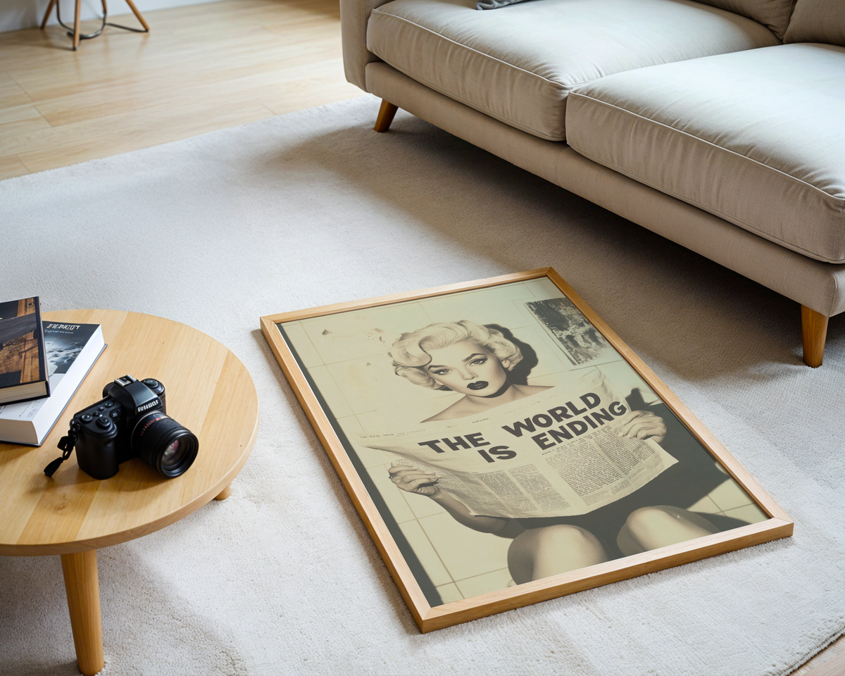 Mockup av The World is Ending Retro affisch på vägg – köp enkelt hos Bozetto i hög kvalitet