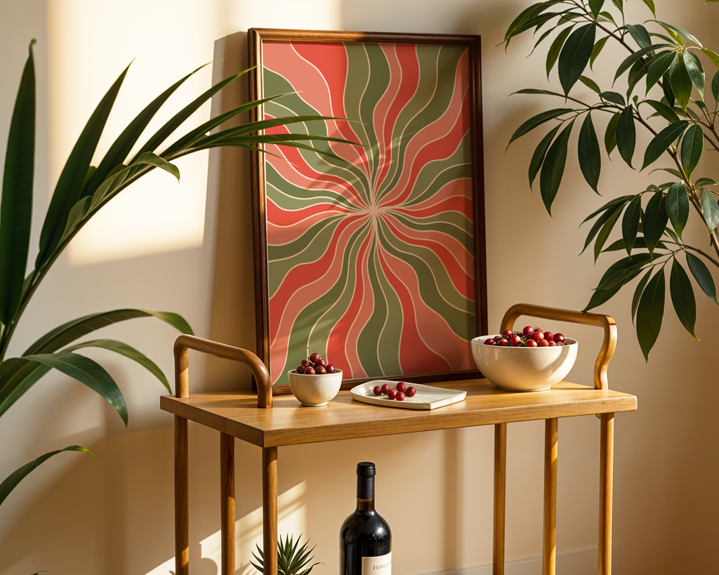 Mockup av Retro Starburst Pattern affisch på vägg – köp enkelt hos Bozetto i hög kvalitet