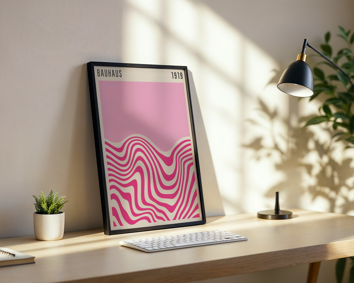 Bauhaus Pink Waves No.2 poster visualiserad på vägg – från Bozetto i hög kvalitet