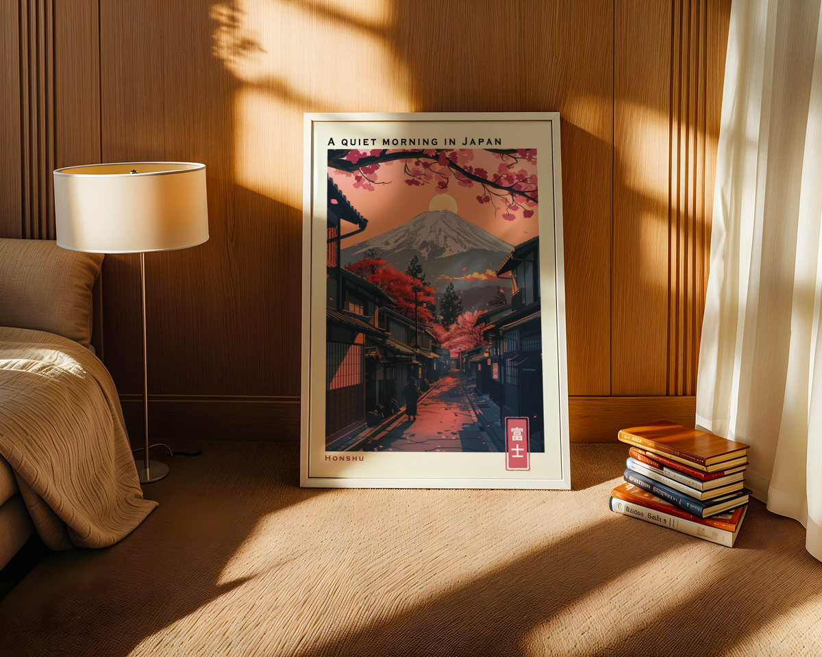 Mockup av A Quiet Morning in Japan affisch på vägg – köp enkelt hos Bozetto i hög kvalitet