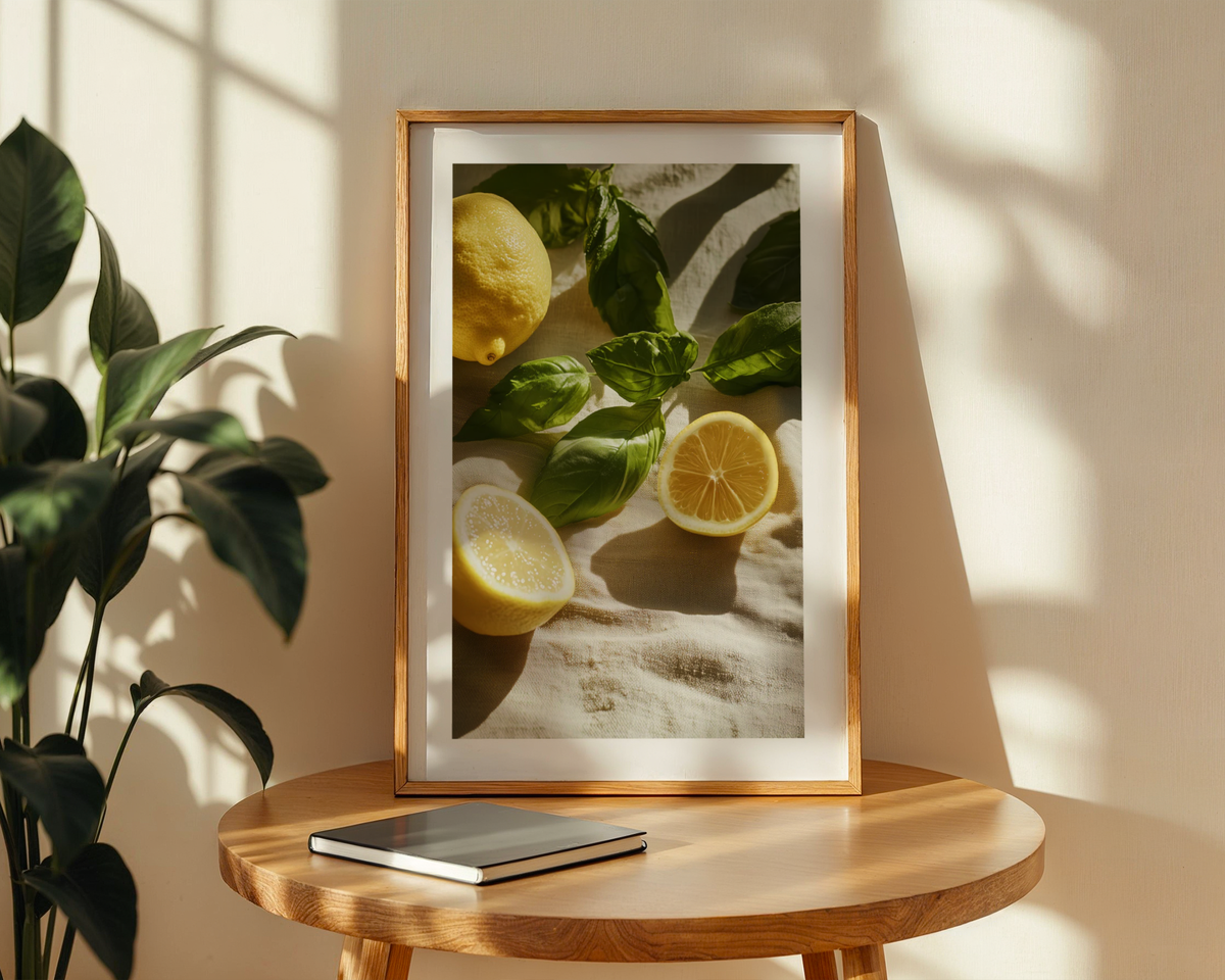 Väggmockup av Lemony Herbs affisch på ljus tegelvägg – Bozetto konsttryck i hög tryckkvalitet